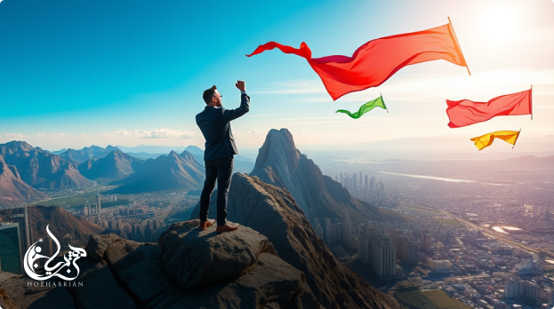 A powerful visual representation of a brand positioned as a leader in the market. Show a successful business person standing atop a mountain, overlooking a city skyline, with colorful banners representing various content types (blogs, videos, podcasts) fluttering in the wind.