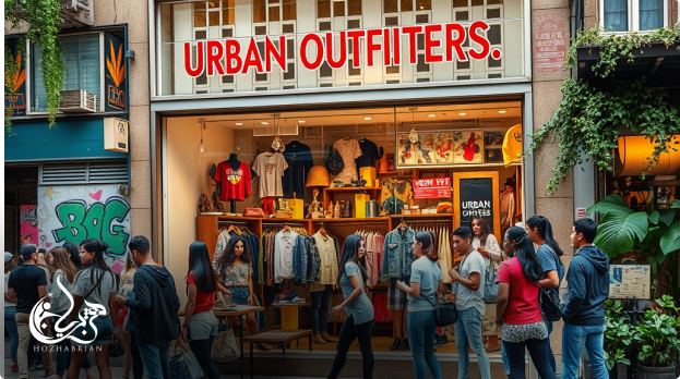 تصویر برای مطالعه موردی بر روی برندینگ موفق: “صحنه‌ای پرجنب‌وجوش از یک فروشگاه Urban Outfitters با نمایش لباس‌های مدرن و گروهی متنوع از مشتریان جوان که تجربه خریدی منحصر به فرد و هویت برند قوی را منتقل می‌کند