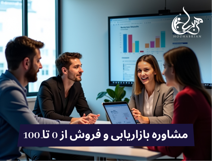 جلسه مشاوره بازاریابی دیجیتال در دفتر کار مدرن، اعضای تیم در حال تبادل نظر درباره استراتژی‌های کسب و کار