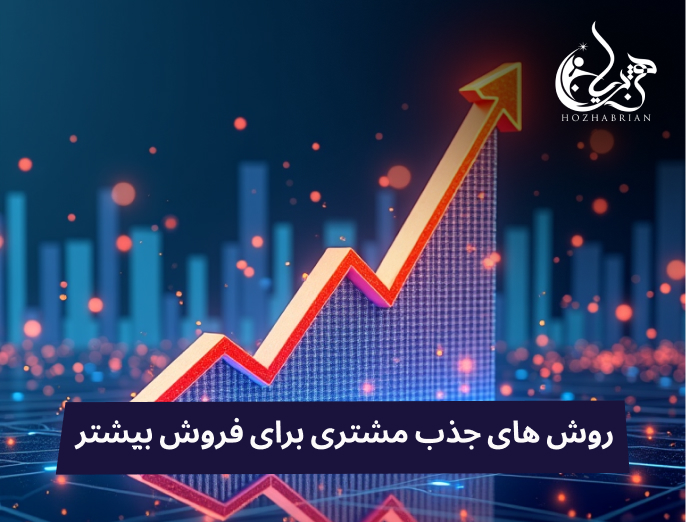 نمودار رشد و نمادهای دیجیتال در پس‌زمینه‌ای مدرن، نمایانگر استراتژی‌های موفق جذب مشتری در کسب‌وکارهای متنوع