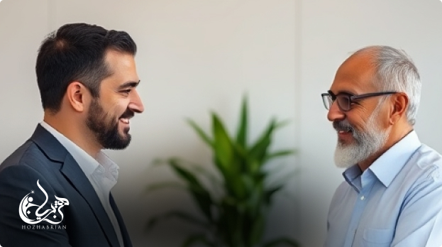 لحظه‌ای از پایان جلسه مشاوره که در آن مشاور و مراجع برای همکاری‌های بیشتر و رسیدن به اهداف مشترک، با یکدیگر دست می‌دهند.