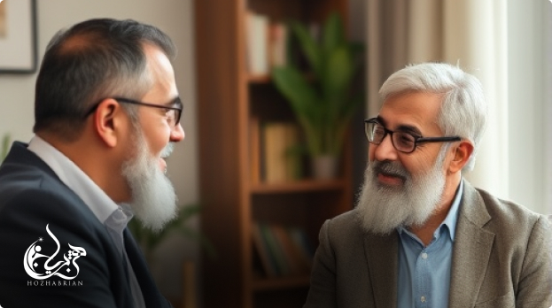 جلسه مشاوره‌ای در یک محیط خصوصی و حرفه‌ای، که در آن مشاور با دقت به مشکلات مراجع گوش می‌دهد و به او راهکارهایی برای حل مسائل فردی و شغلی پیشنهاد می‌دهد