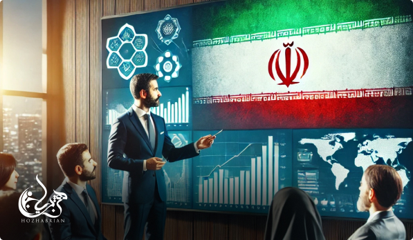 یک مشاور مالی در حال ارائه راهکارهای سرمایه‌گذاری و مدیریت ریسک به تیم تجاری در یک دفتر مدرن، همراه با نمایش نمودارهای مالی روی صفحه بزرگ.