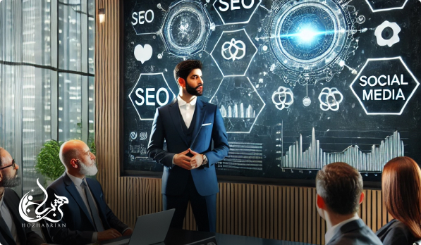 ک مشاور IT در حال کمک به یک شرکت برای تحول دیجیتال، توضیح مفاهیم رایانش ابری و امنیت سایبری به مدیران در یک دفتر پیشرفته با نمایشگرهای دیجیتالی هولوگرافیک.